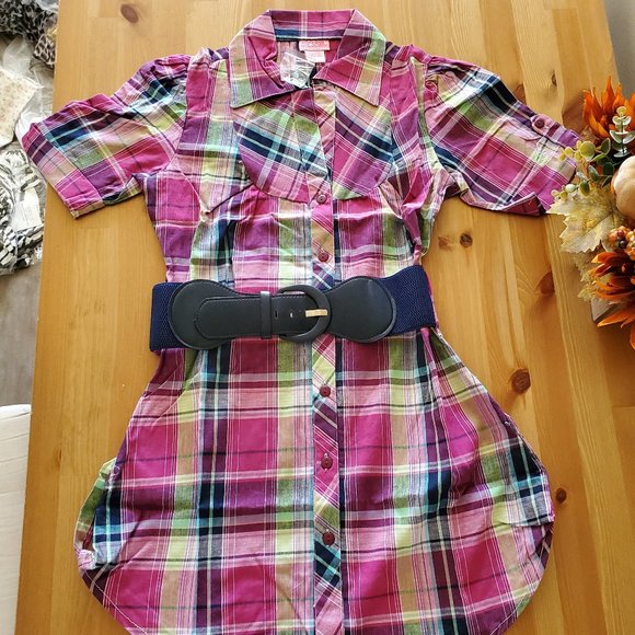 She's Cool Dresses & Skirts - She's Cool - Women's Plaid Graphic Button-Down Shirt Dress with Detachable Belt
